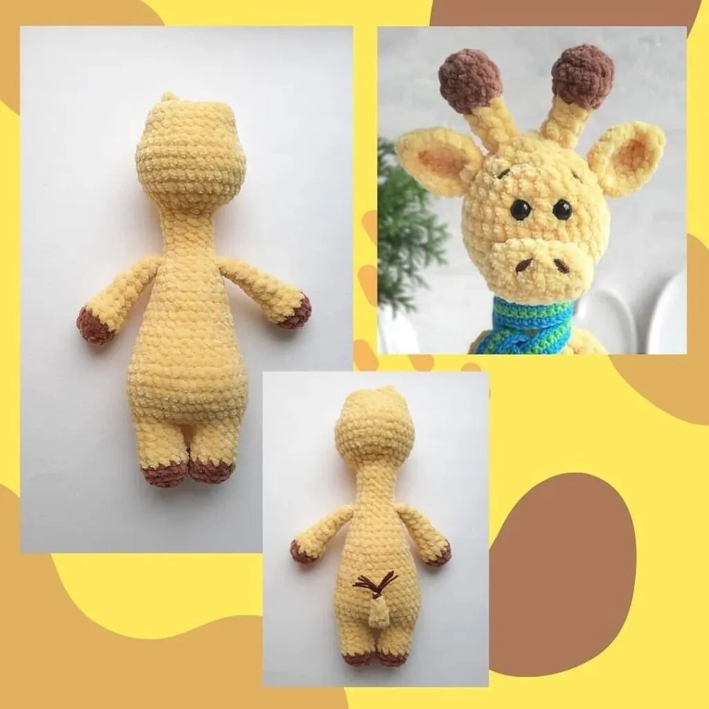 Adorable juguete de jirafa tejido a crochet, mostrado desde diferentes ángulos, incluidas vistas frontal y posterior.