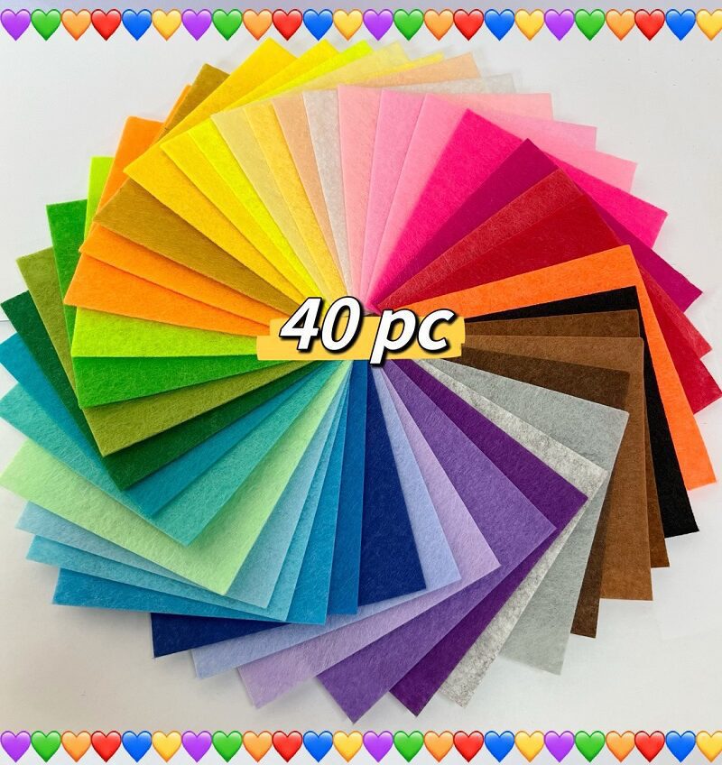 Un Colorido Arreglo En Forma De Abanico De 40 Piezas De Cuadrados De Tela De Fieltro En Varios Tonos Incluidos Amarillo Rosa Naranja Verde Azul Y Marrón Sobre Un Fondo Blanco El Número 40 Pc Está Centrado En La Parte Superior De Las Telas Un Borde De Corazón Rodea La Imagen