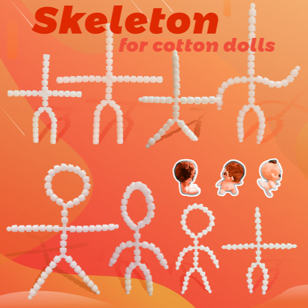 Ilustración De Varias Formas De Esqueleto Hechas De Cuentas Blancas Conectadas Destinadas a Muñecos De Algodón El Fondo Naranja Presenta Un Texto Rojo En Negrita Que Dice esqueleto Para Muñecos De Algodón En La Parte Superior Izquierda En El Lado Derecho Se Muestran Imágenes Más Pequeñas De Muñecas