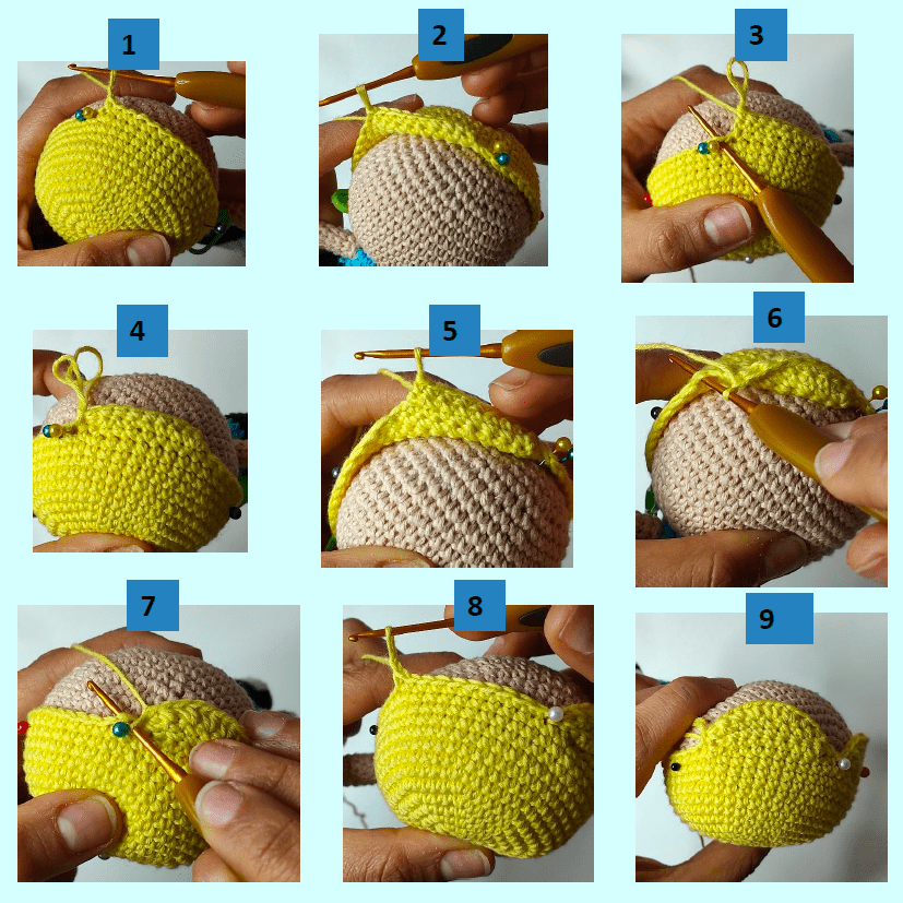 Tutorial De Crochet Paso a Paso Para Hacer Una Forma De Pera Las Imágenes 1 a 9 Muestran Manos Tejiendo Hilo Amarillo Alrededor De Una Base Redonda De Color Beige Cada Paso Muestra Diferentes Etapas Desde Las Puntadas Iniciales Hasta Casi Completar La Forma De Pera Que Recuerda a Chicas Superpoderosas Con Alfileres De Colores Que Sujetan Las Piezas En Su Lugar