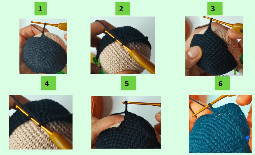 Un Tutorial De Crochet De Seis Pasos Los Pasos 1 a 3 Muestran Un Hilo Negro Tejido a Crochet Sobre Una Base Beige Usando Un Gancho Los Pasos 4 a 6 Muestran Más Trabajo De Crochet En El Hilo Negro Avanzando Hacia Un Patrón Que Recuerda Al Logo De Chicas Superpoderosas Los Números Verdes 1 6 Etiquetan Cada Paso