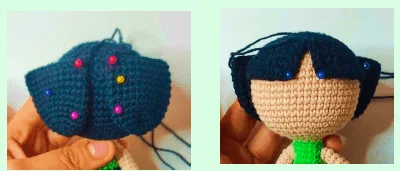 Dos Imágenes Muestran La Creación De Una Muñeca Tejida a Crochet Inspirada En Chicas Superpoderosas La Imagen De La Izquierda Muestra Un Primer Plano De Cabello Negro Tejido a Crochet Con Horquillas Multicolores Que Lo Sujetan En Su Lugar La Imagen De La Derecha Muestra El Mismo Cabello Sujeto a Una Cabeza De Muñeca Beige Con Alfileres Aún Visibles La Muñeca Está En Proceso