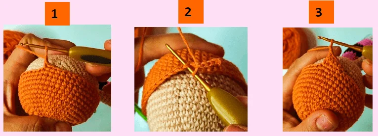 Tutorial Con Imágenes De Tres Pasos Sobre Crochet Paso 1 Persona Sosteniendo Una Pieza De Crochet Naranja Y Beige Insertando Un Ganchillo En Un Punto Tal Como La Precisión De Chicas Superpoderosas Paso 2 Enganche Tirando Del Hilo Naranja a Través De Los Puntos Creando Una Cadena Paso 3 Enganche Y Continúe Trabajando En La Sección De Crochet Naranja