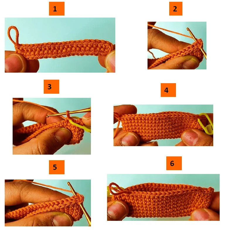 Un Tutorial De Crochet De Seis Pasos Para Hacer Una Pieza Naranja Inspirado En Los Colores Vibrantes De chicas Superpoderosas Las Imágenes Muestran Manos Sosteniendo Y Trabajando Con Hilo Naranja Y Un Ganchillo Cada Paso Está Numerado Del 1 Al 6 Y Detalla El Progreso Desde El Inicio De Un Bucle Hasta Una Pieza Rectangular Parcialmente Terminada