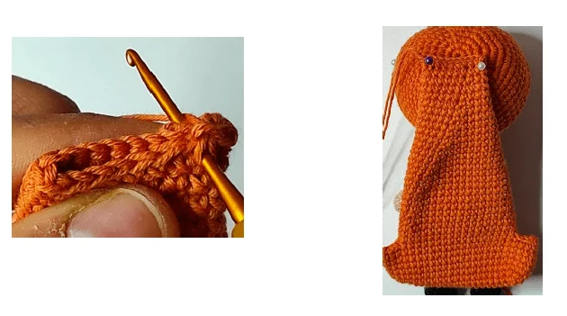 La Imagen Muestra Dos Fotografías La Imagen De La Izquierda Muestra Un Primer Plano De Manos Tejiendo Con Hilo Naranja Usando Un Ganchillo La Imagen De La Derecha Muestra Una Figura Amigurumi Parcialmente Terminada Que Se Está Ensamblando Que Recuerda Los Colores Vivos De Chicas Superpoderosas Con Crochet Naranja Y Alfileres Que Mantienen Unidas Las Piezas