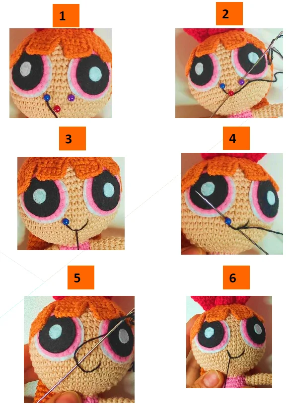 Imágenes Del Paso a Paso De Coser Hilo Negro Para Hacer La Boca De Una Muñeca De Crochet De Ojos Grandes Y Pelo Naranja Que Recuerda a Chicas Superpoderosas En Los Pasos 1 a 6 Una Aguja Guía El Hilo Por Diferentes Puntos Del Rostro Para Darle Forma a La Boca El Hilo Se Ata Y Asegura En La Imagen Final