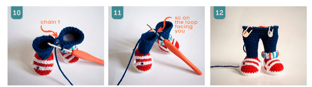 Tutorial De Crochet De Tres Pasos Que Muestra Patucos De Bebé Pequeños Coloridos Y Con Forma De Zapatillas Paso 10 Punto De Cadeneta Con Gancho Paso 11 Punto Bajo En El Bucle Que Mira Hacia Usted Paso 12 Completa Un Par De Botines De Crochet De Pie Con Ganchos Adjuntos Luciendo Tan Adorables Como El Calzado De Un Pequeño Muñeco Chucky