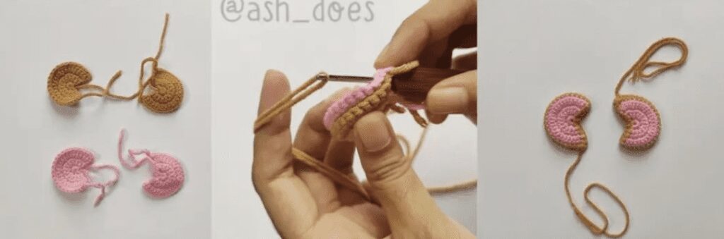 Imagen Del Tutorial De Tres Pasos Que Muestra La Creación De Un Riñón En Crochet El Primer Paso Tiene Dos Piezas Tejidas a Crochet Completas Y Dos Parciales El Segundo Paso Muestra Las Manos Tejiendo Con Un Ganchillo El Tercer Paso Muestra Dos Riñones De Crochet Rosados Y Marrones Completos