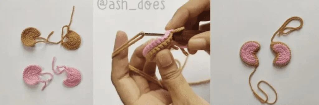 Imagen Del Tutorial De Tres Pasos Que Muestra La Creación De Un Riñón En Crochet El Primer Paso Tiene Dos Piezas Tejidas a Crochet Completas Y Dos Parciales El Segundo Paso Muestra Las Manos Tejiendo Con Un Ganchillo El Tercer Paso Muestra Dos Riñones De Crochet Rosados Y Marrones Completos