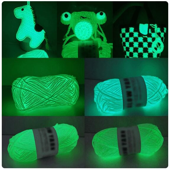 Un Collage De Varios Objetos E Hilos Iluminados Bajo Una Luz Negra Los Elementos Brillantes Incluyen Una Etiqueta Con Forma De Caballo Una Rana Una Bolsa a Cuadros Y Múltiples Ovillos De Hilo Que Emiten Un Brillo Verde Brillante