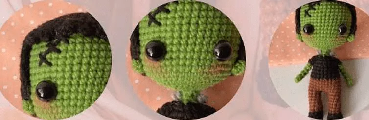 Tres Imágenes De Un Muñeco Frankenstein Tejido a Crochet Con Piel Verde Cabello Negro Y Grandes Ojos Negros La Primera Imagen Es Un Primer Plano De La Cabeza Desde Un Lado La Segunda Imagen Es Una Vista Frontal De La Cabeza Y La Tercera Imagen Muestra a La Muñeca Completa Con Una Camisa Negra Y Pantalones Marrones