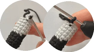 Dos Imágenes Circulares Muestran Primeros Planos Del Trabajo De Crochet En Progreso En Ambas Imágenes Un Ganchillo Interactúa Con Una Pieza Hecha De Hilo Blanco Y Negro Las Manos Son Parcialmente Visibles Guiando El Ganchillo Mientras Pasa El Hilo a Través De Los Puntos Evocando Los Colores Icónicos Del Disfraz De Batman