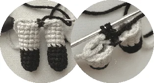 Dos Imágenes Circulares Muestran Pequeñas Piezas De Crochet La Imagen De La Izquierda Muestra Dos Botas De Crochet Parcialmente Terminadas En Hilo Blanco Y Negro Que Recuerdan Los Colores Icónicos De Batman La Imagen De La Derecha Muestra Un Ganchillo En Uso Elaborando Una Pieza Con Tonos Similares