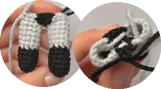 Dos Imágenes En Primer Plano Muestran Un Proyecto De Crochet En Progreso La Imagen De La Izquierda Muestra Piernas Tejidas a Crochet Con Hilo Blanco Y Negro Que Recuerdan a Los Colores De Batman Sostenidas Por Una Mano La Imagen De La Derecha Muestra Una Mano Manejando Múltiples Colores De Hilo a Medida Que Avanza El Proyecto