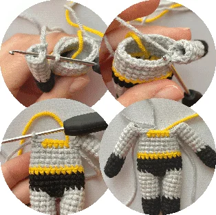 Proceso De Crochet De Cuatro Pasos Mostrado En Un Collage De Imágenes Circulares Una Mano Que Sostiene Un Traje De Muñeca Parcialmente Tejido a Crochet En Gris Y Amarillo Inspirado En Batman Insertando El Gancho En Una Puntada Agregando Puntos Y El Traje Terminado Con Detalles En Negro Y Amarillo