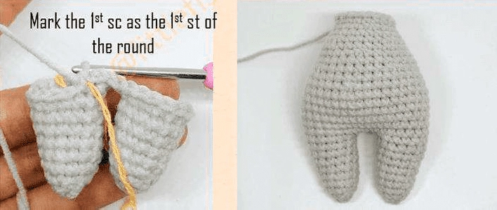 Dos Imágenes Que Muestran El Trabajo De Crochet En Progreso La Primera Imagen Muestra Piezas De Crochet Unidas Con Una Aguja E Hilo Anotadas Con marcar El 1er Pb Como El 1er Pt De La Ronda La Segunda Imagen Revela Las Piezas Unidas Completas Que Forman El Comienzo Del Cuerpo De Un Muñeco Conejo De Crochet