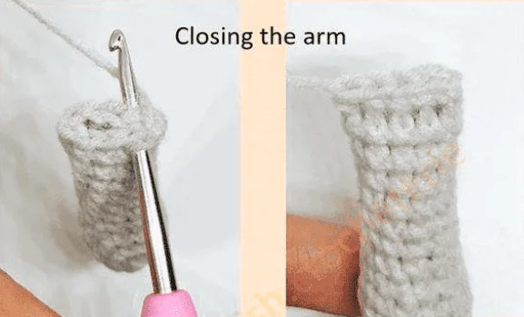 Dos Imágenes Demuestran Los Pasos Para Tejer Un Brazo La Izquierda Muestra Un Ganchillo Con Mango Rosa Insertado En Un Tubo De Crochet La Derecha Similar a La Elaboración Del Brazo De Un Conejo Muestra El Tubo Parcialmente Cerrado Cerca De La Parte Superior Con Puntos Continuando El Proceso De Cerrar El Brazo El Texto Lee cerrando El Brazo