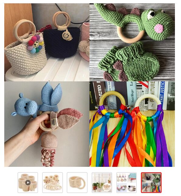 Un Collage Presenta Varios Juguetes Para Bebés Tejidos a Mano Dos Llaveros Con Temas De Animales En Bolsos Un Sonajero De Dinosaurio Verde Sonajeros De Peces Azules Y Rosados Y Dos Anillos Adornados Con Cintas De Arcoíris a Continuación Se Muestran Imágenes Más Pequeñas De Más Juguetes Y Accesorios Tejidos