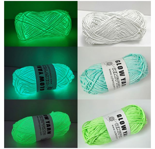 Un Collage Que Muestra Varios Hilos Un Hilo Verde Brillante Con Iluminación Oscura a La Izquierda Y Con Iluminación Normal a La Derecha Un Hilo Blanco En La Parte Superior Derecha E Hilos Verdes Con Diferentes Ajustes De Luz Las Etiquetas glow Yarn Son Visibles En Algunos Hilos