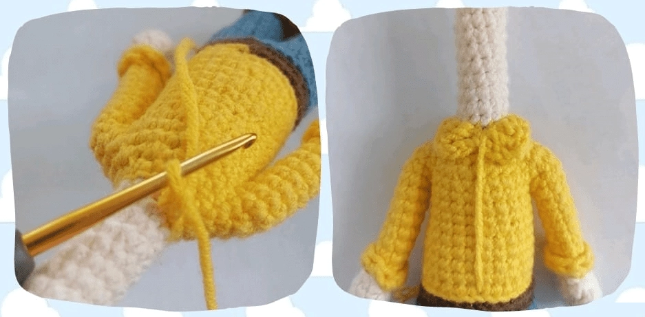 Una Imagen Dividida Que Muestra Dos Vistas De Un Proceso De Crochet El Lado Izquierdo Captura Un Primer Plano De Un Ganchillo Trabajando Con Hilo Amarillo Leñoso El Lado Derecho Muestra El Producto Terminado Una Sudadera Con Capucha Amarilla Tejida a Crochet Sobre Una Figura Pequeña