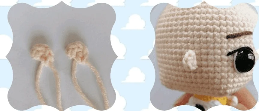 Una Imagen Dividida Que Muestra Dos Pasos Para Elaborar Una Muñeca De Crochet El Lado Izquierdo Muestra Un Primer Plano De Dos Nudos De Hilo Beige Que Formarán La Base De Las Piernas De La Muñeca El Lado Derecho Muestra Una Vista Parcial De La Cabeza De Muñeca Tejida a Crochet Casi Terminada Con Grandes Ojos Y Cejas Negros Lo Que Le Da Un Encanto Amaderado