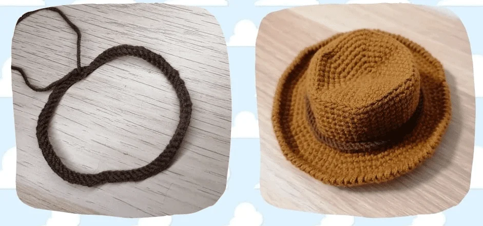 Dos Imágenes Una Al Lado De La Otra La Imagen De La Izquierda Muestra Un Círculo Tejido a Crochet De Color Marrón Oscuro Sobre Una Superficie De Madera Clara La Imagen De La Derecha Muestra Un Sombrero De Crochet Marrón Con Una Banda Marrón Más Oscura Descansando Sobre Un Fondo Azul Claro Con Patrones De Nubes Blancas