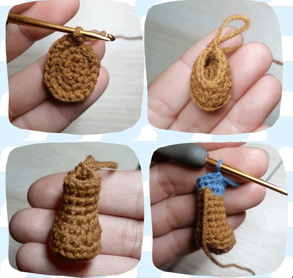 Cuatro Imágenes Que Muestran El Proceso De Crochet De Un Pequeño Objeto Marrón Arriba a La Izquierda Un óvalo Tejido a Crochet Con Un Gancho Arriba a La Derecha La Pieza Está Parcialmente Doblada Abajo a La Izquierda La Pieza Adquiere Una Forma Tridimensional Que Recuerda a Las Texturas De La Madera Abajo a La Derecha a La Pieza Se Le Está Agregando Un Detalle Azul
