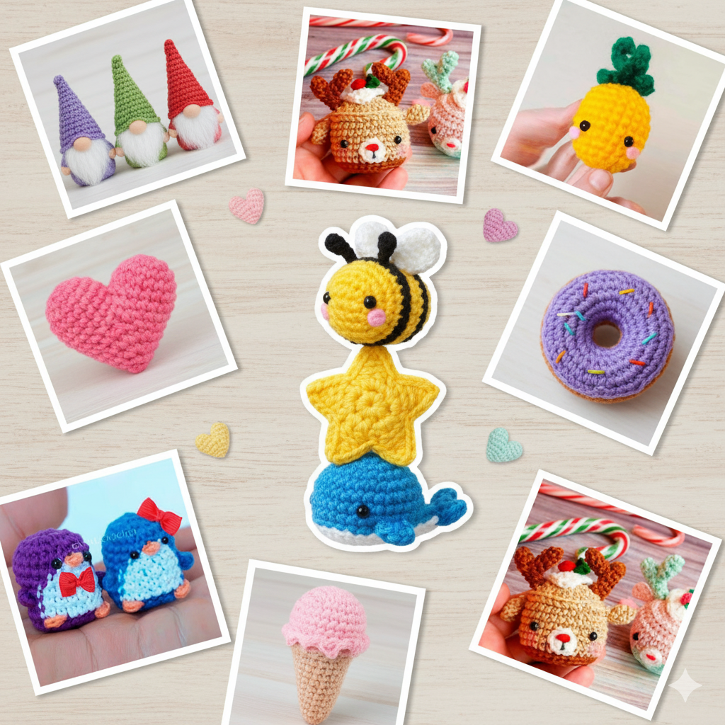 Adorable colección de patrones de crochet para amigurumi: gnomos, corazones, animales y comida. Patrones gratuitos disponibles.