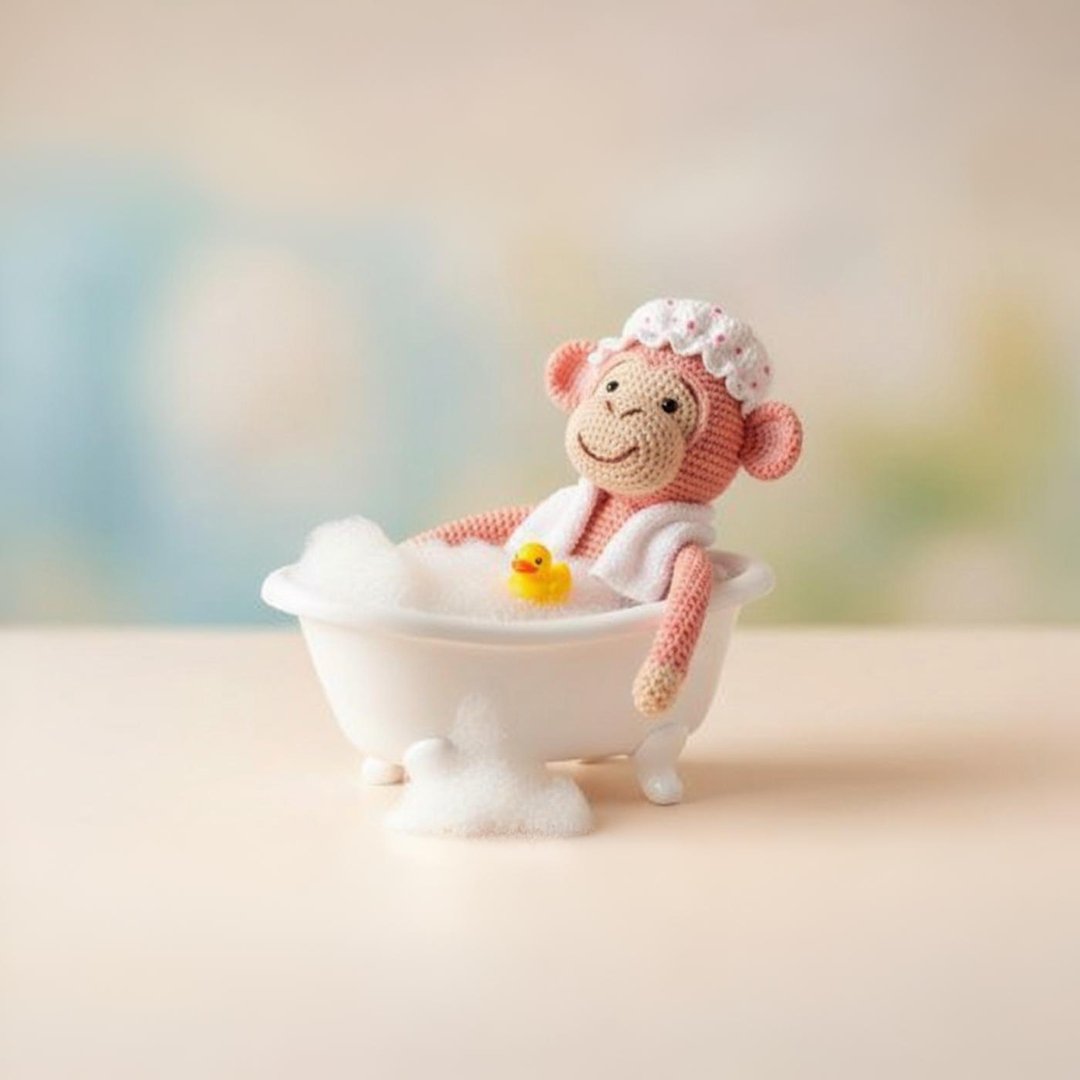 Amigurumi de ganchillo siendo lavado a mano delicadamente en un recipiente con espuma