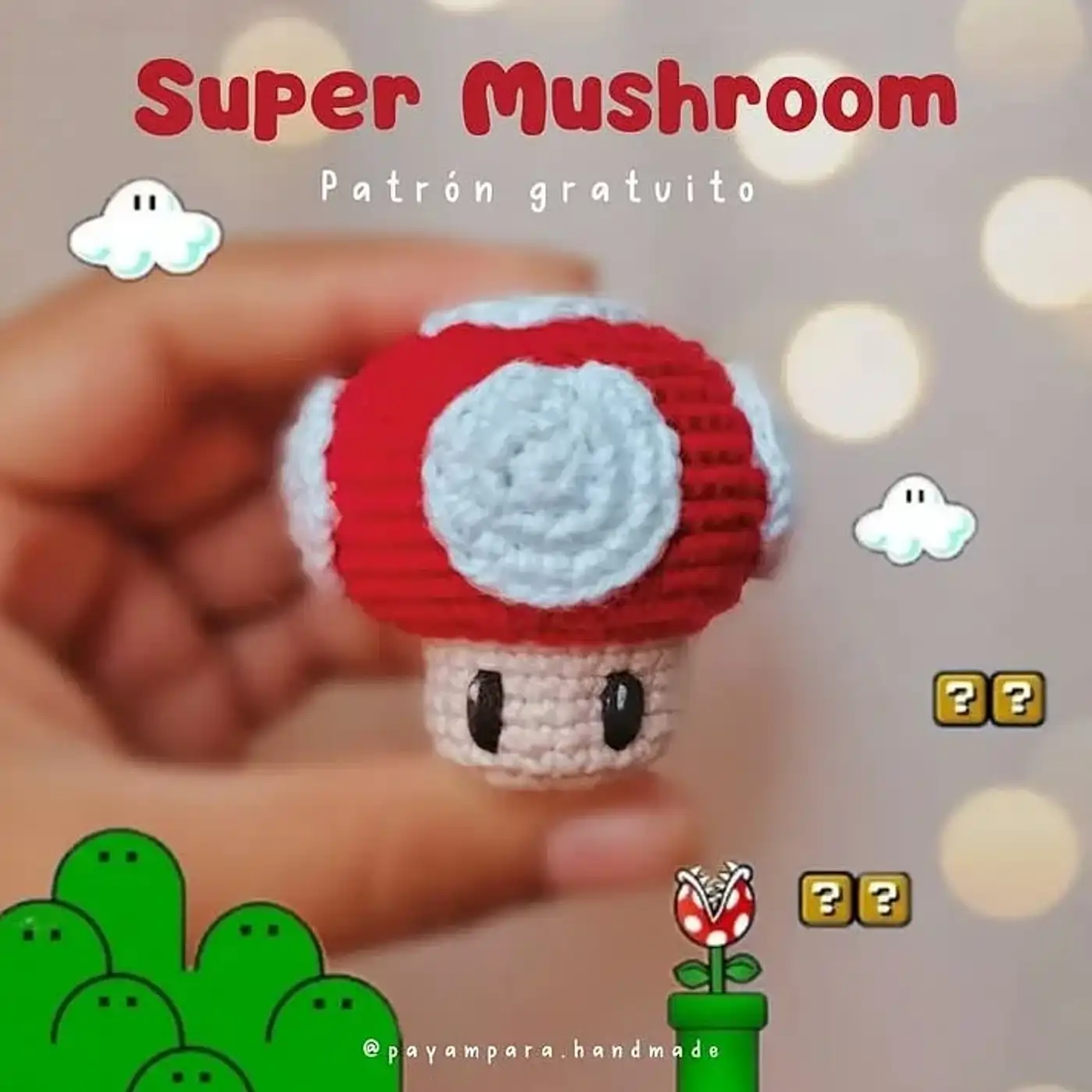 Hongo de Super Mario Bros tejido a crochet amigurumi rojo y blanco