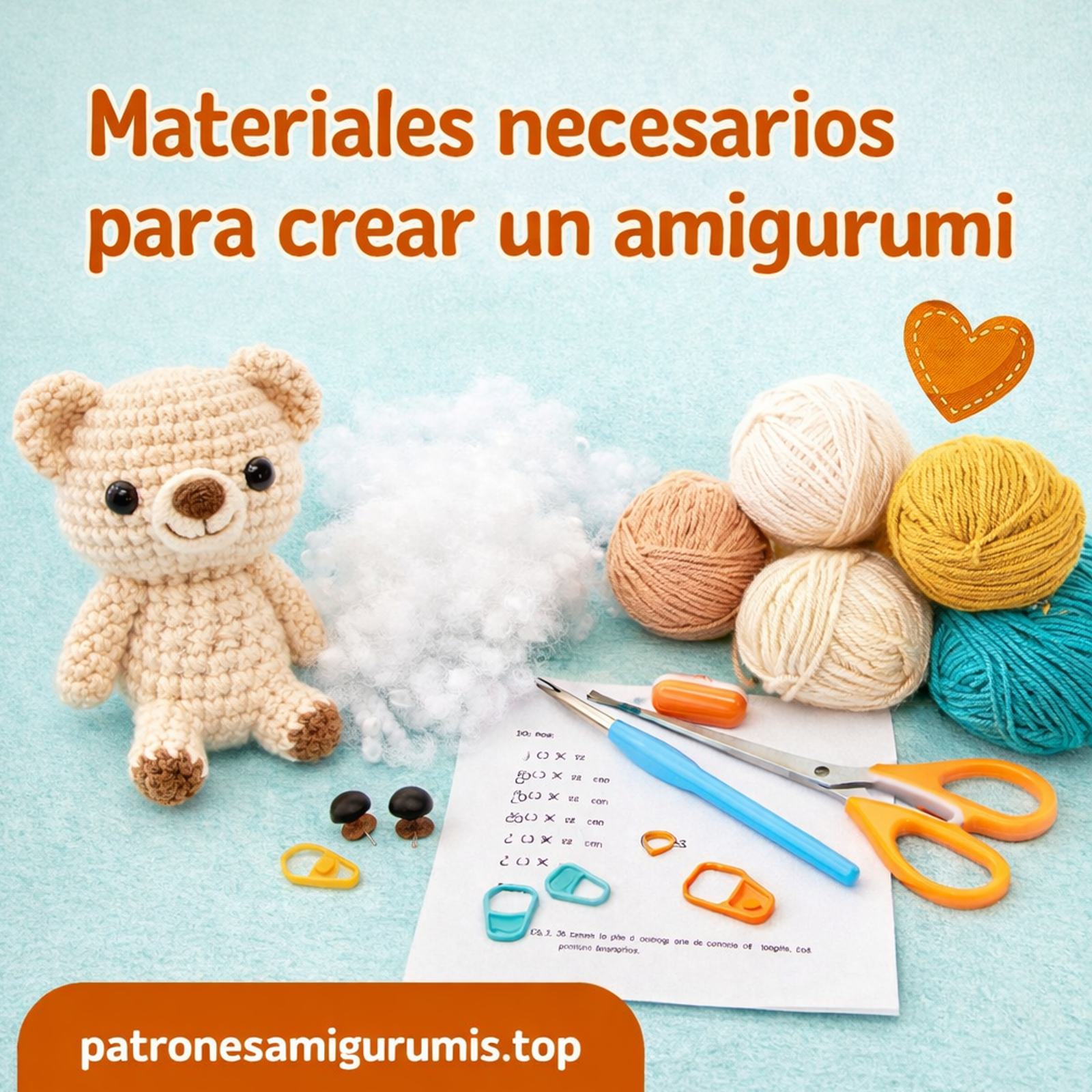 Kit de materiales básicos para tejer amigurumis sobre una mesa de madera, incluyendo ovillos de colores, ganchillos, ojos de seguridad y relleno.