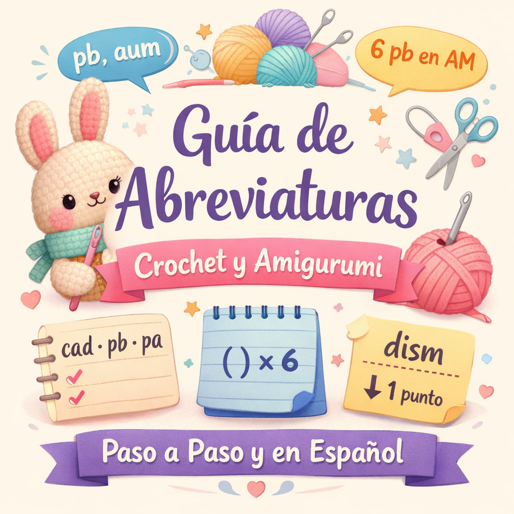 Guía ilustrada con las abreviaturas de crochet y amigurumi en español, con un conejo tejido, ovillos y notas explicativas.