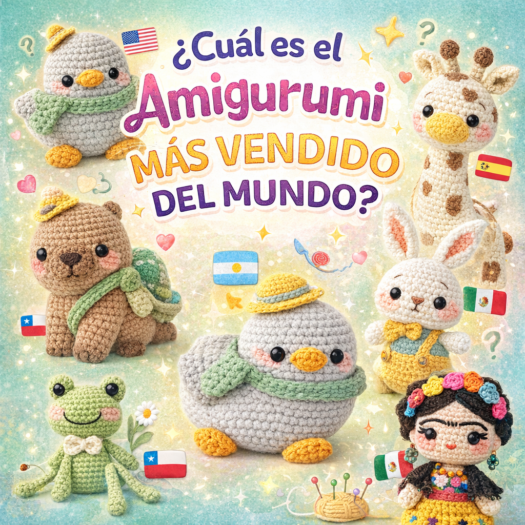 Collage de amigurumis con la pregunta '¿Cuál es el amigurumi más vendido del mundo?' rodeado de muñecos de ganchillo.
