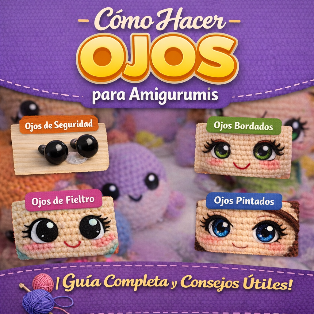 Infografía que muestra 4 tipos de ojos para amigurumis: de seguridad, de fieltro, bordados y pintados, sobre un fondo morado.