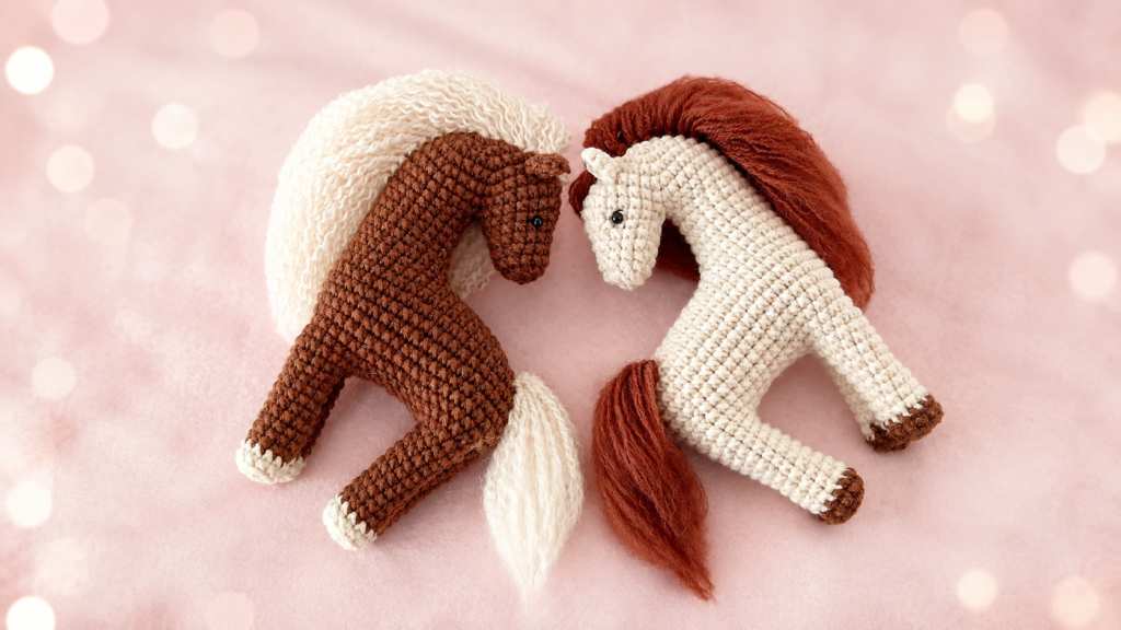 Dos caballos de ganchillo hechos a mano con crines de lana, uno marrón y otro crema, sobre un fondo rosa suave.