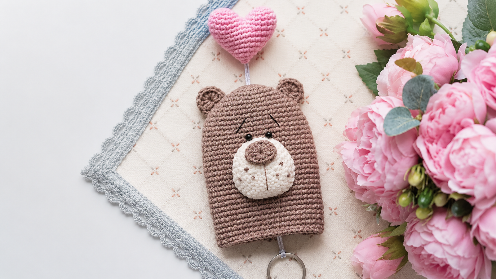 Funda para llave de osito amigurumi tejida a crochet con detalle de corazón rosa y hocico bordado.