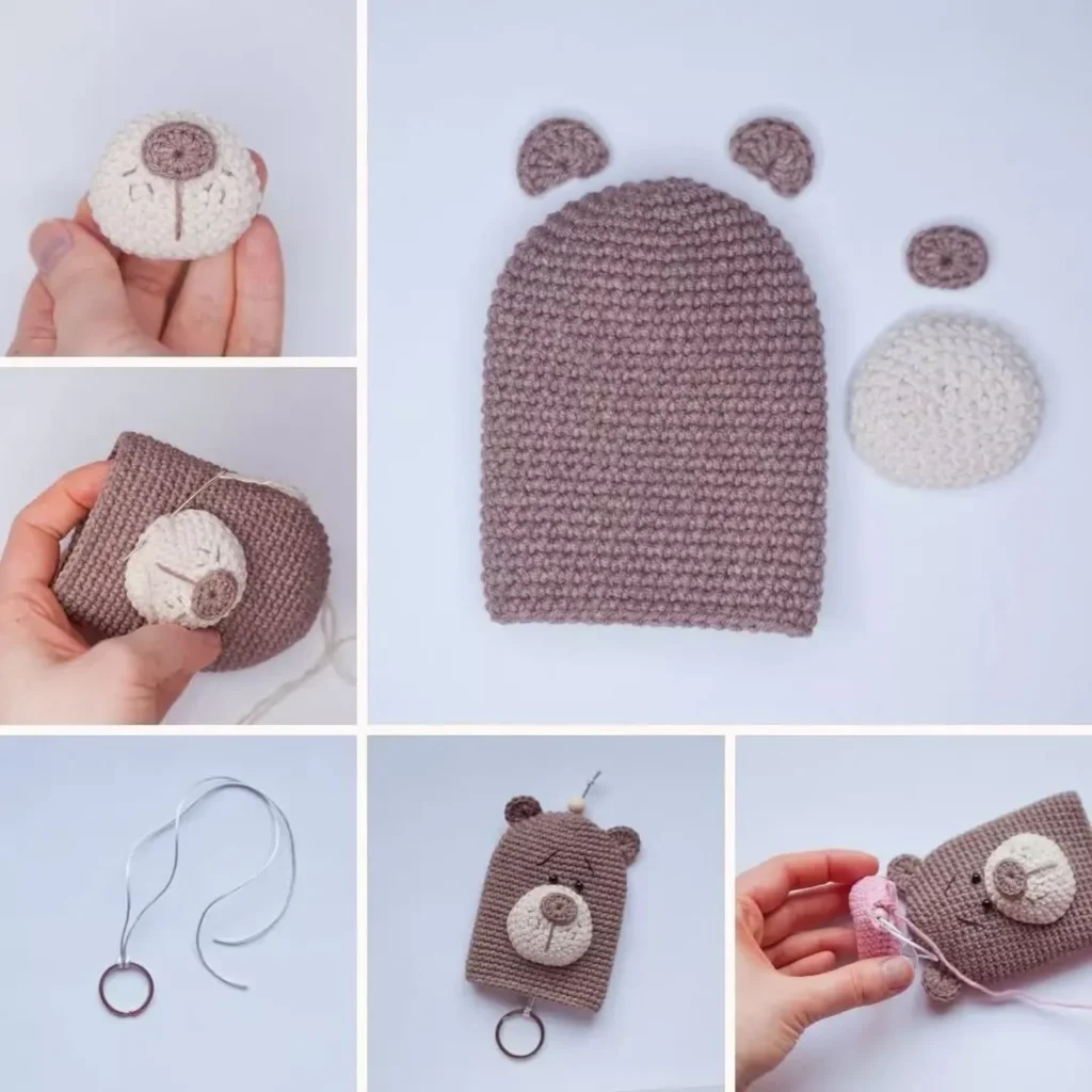 Collage de pasos para tejer y armar una funda de ganchillo marrón con forma de cara de oso.