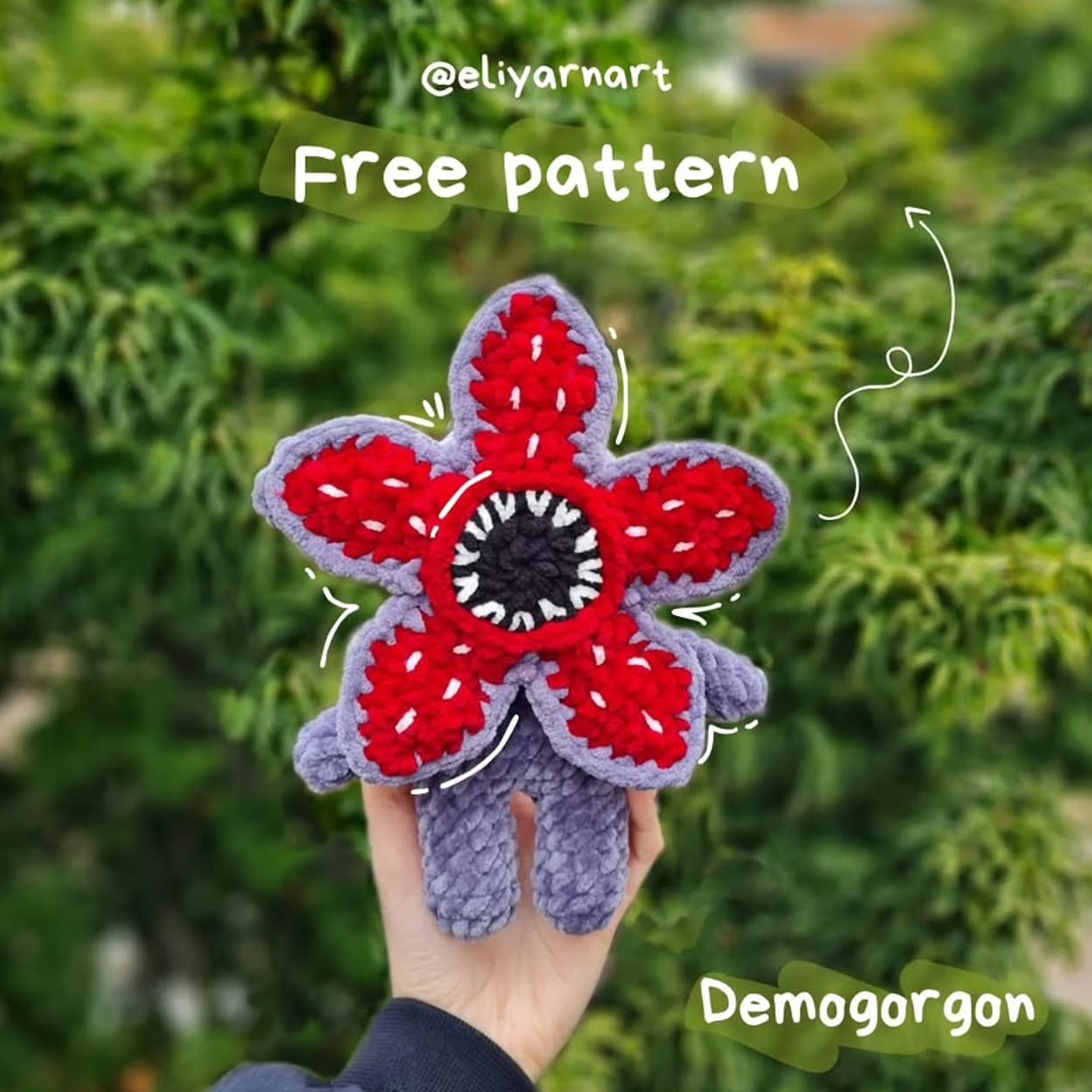 Amigurumi de Demogorgon de Stranger Things tejido a ganchillo con hilo chenille gris y rojo
