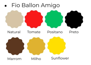 Muestrario de colores de hilos Fio Ballon Amigo: beige, rojo, verde, negro, marrón, ocre y amarillo.