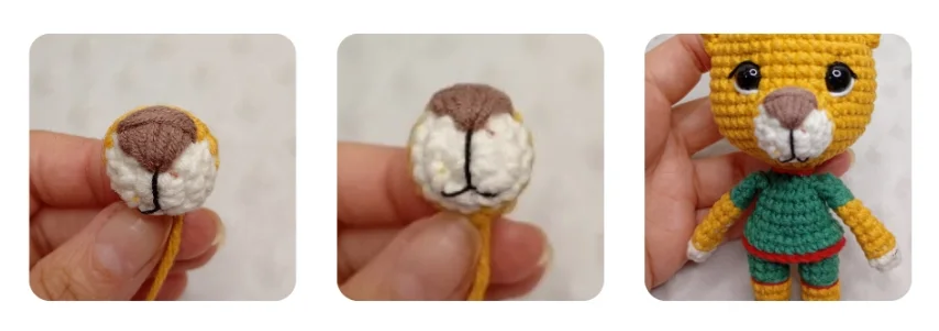 Manos sosteniendo piezas de ganchillo que forman la cara de Zayu y el muñeco amigurumi finalizado.