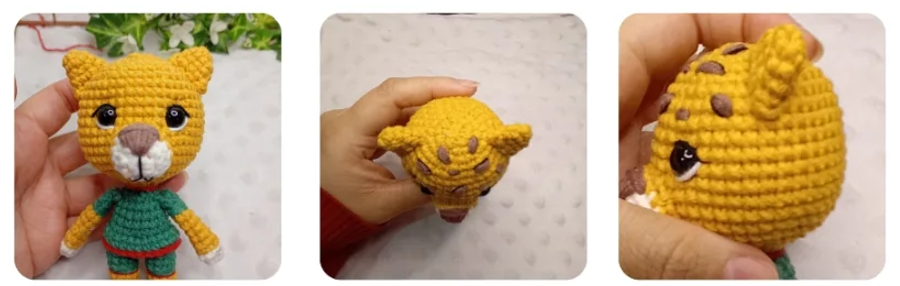 Tres vistas de un amigurumi de jaguar amarillo con camiseta verde, representando a la mascota Zayu.