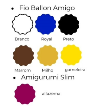 Muestrario de colores de hilos Ballo Amigo y Amigurumi Slim con nombres en portugués.