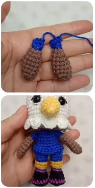 Manos sosteniendo piezas de ganchillo marrón y azul, seguidas del muñeco amigurumi terminado de un águila.