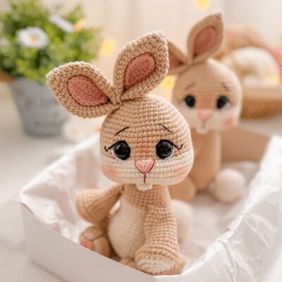 Adorable conejito amigurumi de crochet en caja de regalo. Patrón y videotutorial gratuitos disponibles.