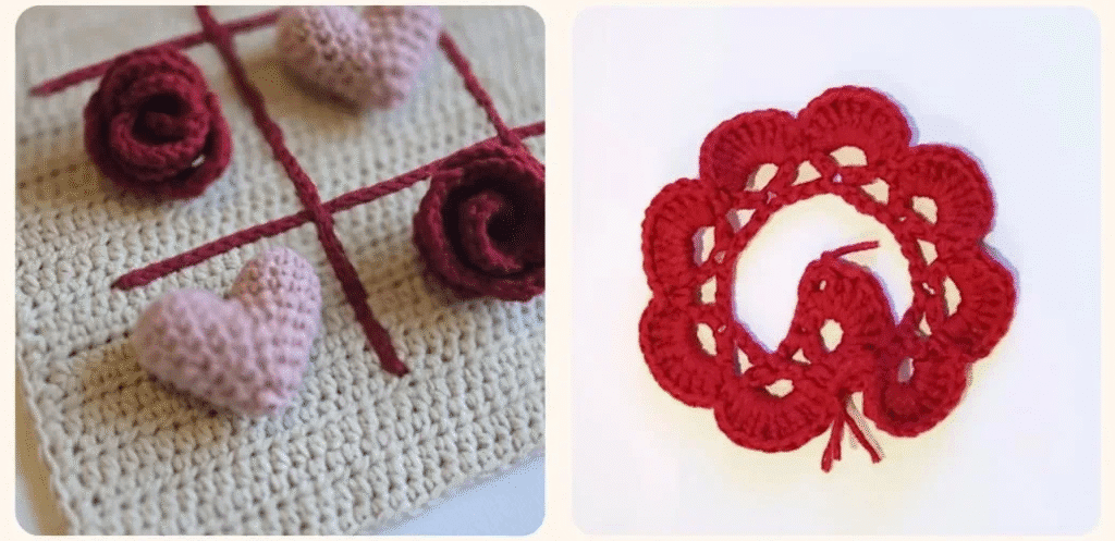 Juego De Tres En Raya Tejido a Crochet Con Corazones Y Rosas Además De Una Flor Roja Tejida a Crochet Aparte