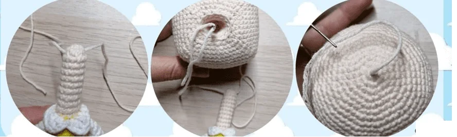 Tres Imágenes En Primer Plano Muestran El Proceso De Realización De Un Proyecto De Amigurumi La Primera Imagen Muestra La Cabeza Y El Cuerpo Unidos La Segunda Imagen Se Centra En Pasar Hilo Por La Cabeza La Tercera Imagen Muestra Una Aguja Que Sujeta La Parte Superior De La Cabeza