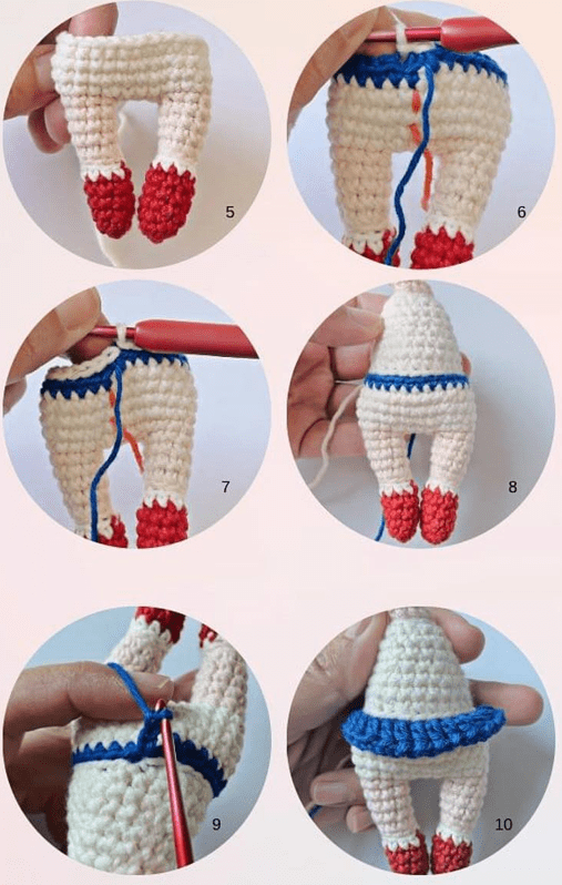 Tutorial De Crochet De Seis Pasos Que Muestra La Creación De Una Pequeña Figura Amigurumi De Sailor Moon Con Zapatos Rojos Piernas Y Cuerpo Blancos Y Detalles En Azul La Primera Imagen Muestra Las Piernas Y Los Zapatos Las Siguientes Imágenes Ilustran Cómo Agregar Hilo Azul Y Tejer Alrededor Del Cuerpo Para Formar Una Falda Patrón Gratuito Incluido