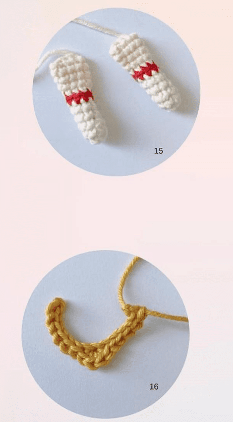 Dos Recuadros Circulares Muestran Proyectos De Crochet En El Recuadro Superior Se Ven Dos Pequeñas Piezas De Crochet Blancas Con Detalles En Rojo Etiquetadas Como 15 El Recuadro Inferior Muestra Una Pieza Curva De Tejido Amarillo Con Una Cuerda Atada Etiquetada 16 Estos Delicados Trabajos Podrían Fácilmente Formar Parte De Una Colección De Amigurumi Sailor Moon