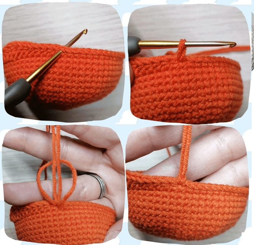 Una Imagen De Cuatro Paneles Muestra El Proceso De Tejer Una Prenda Naranja Cada Panel Se Centra En Diferentes Etapas Con Aguja De Crochet E Hilo Visibles Los Dos Primeros Paneles Muestran Costuras Mientras Que Los Dos últimos Muestran Pasar Hilo a Través De Bucles Lo Que Demuestra Una Técnica De Elaboración