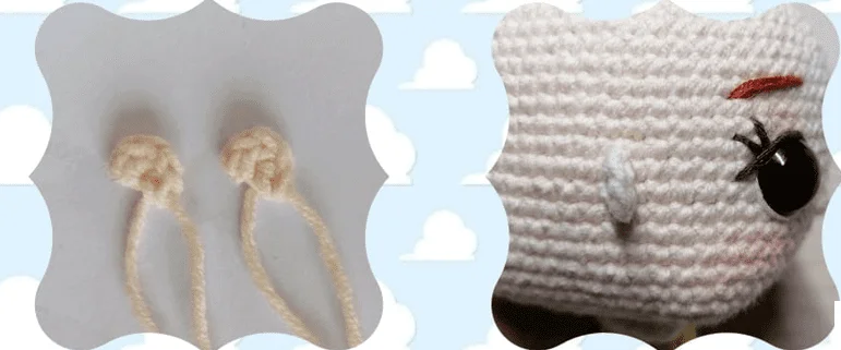 Dos Imágenes En Primer Plano Que Muestran Trabajos De Crochet La Imagen De La Izquierda Muestra Dos Pequeñas Bolas De Crochet Con Colas De Hilo Sobre Un Fondo Blanco La Imagen De La Derecha Muestra Parte De La Cara De Una Muñeca De Crochet Con Un Ojo Negro Una Ceja Roja Y Una Nariz Blanca Sobre Un Fondo Con Estampado De Nubes